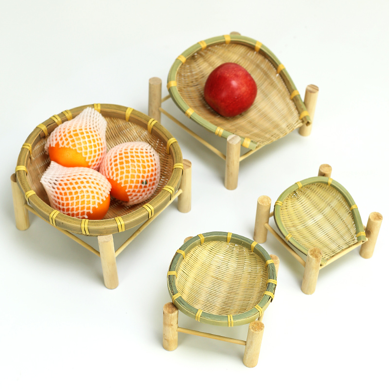 竹编带架篮零食筐簸箕家用水果收纳篮农家L饭店餐盘架子篮手工装