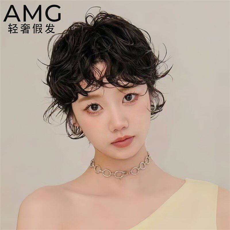 假发女短发全头套真人发丝微烫卷夏季轻薄永久短卷发自然假发套