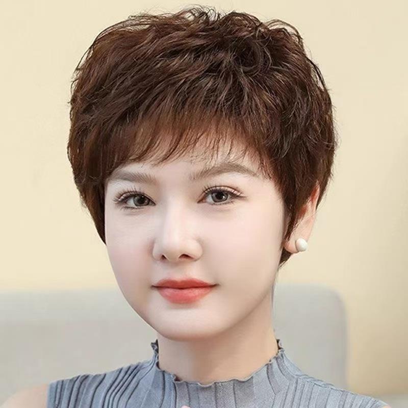 假发整顶短发微卷纹理烫手织全真人发女士中老年自然减龄真发头套