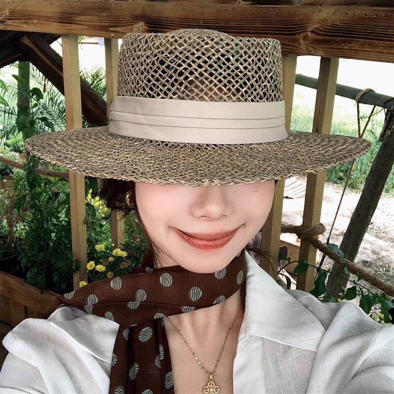 复古老钱风平顶礼帽女法式咸草编镂空透气草帽夏季海边度假防晒帽