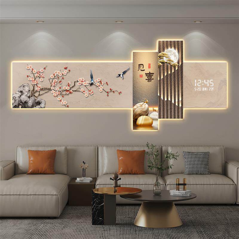 喜上眉梢客厅装饰画万年历电子钟新中式茶室挂画花鸟图时钟壁灯画