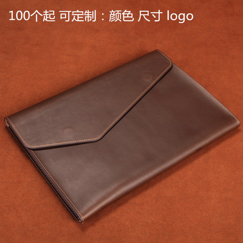 A4真皮文件袋 磁扣资料夹 二层牛皮档案袋 简约手拿包横款公文袋