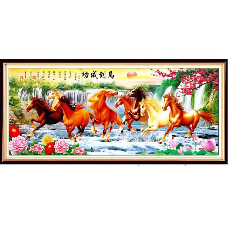 纯手工十字绣成品马到成功财源富贵八骏图新款客厅大幅挂画已绣好