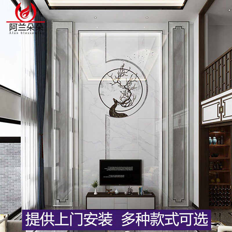 复式楼别墅客厅电视背景墙瓷砖微晶石挑空岩板大理石影视墙装饰