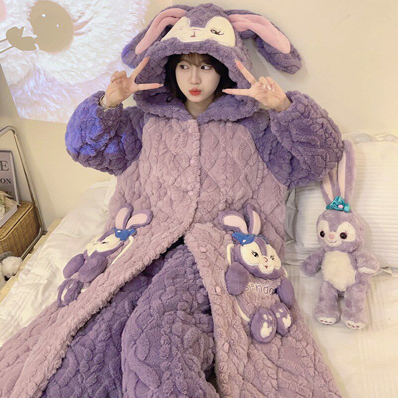 珊瑚绒睡衣女秋冬款加厚加绒三层夹棉袄冬季天长款睡袍家居服套装