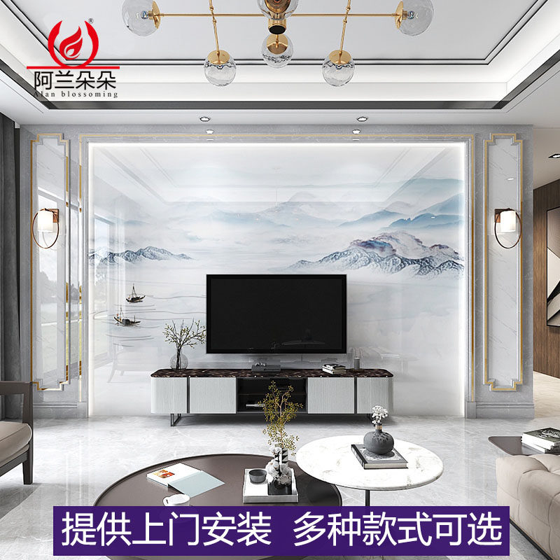 客厅岩板电视背景墙瓷砖连纹大理石简约现代轻奢微晶石影视墙装饰