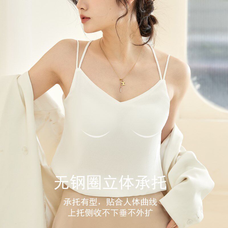 V领雪纺带胸垫吊带背心女夏季薄款交叉美背文胸一体宽松内搭上衣