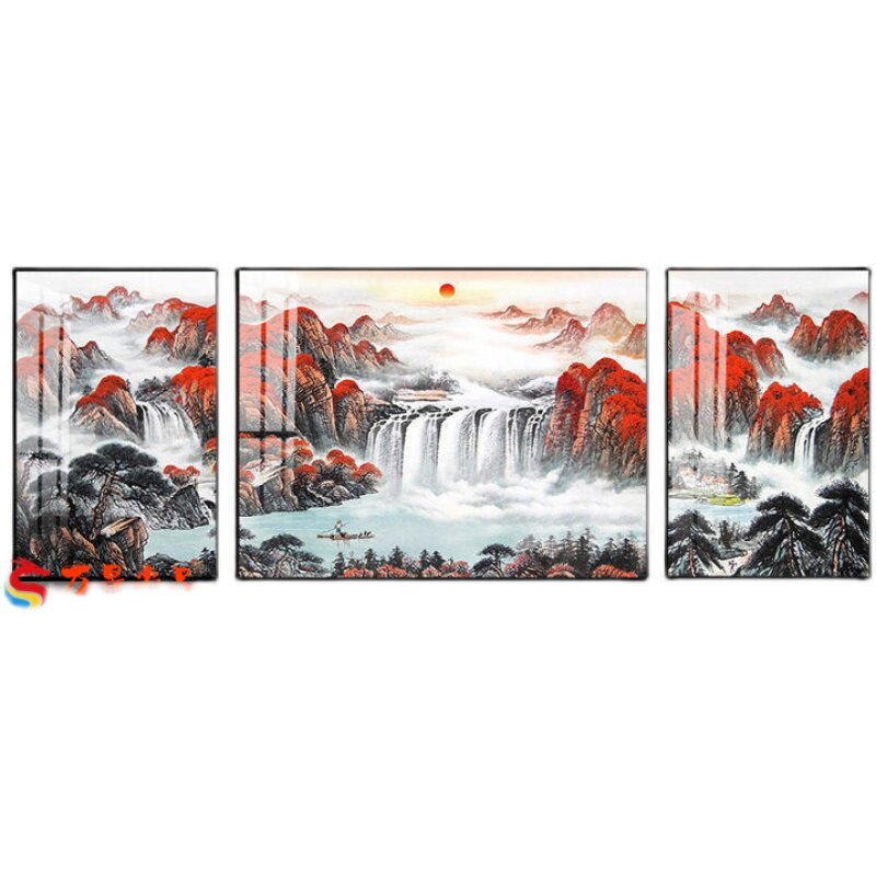 中式鸿运当头国画山水画客厅装饰画沙发背景墙招财挂画三联晶瓷画
