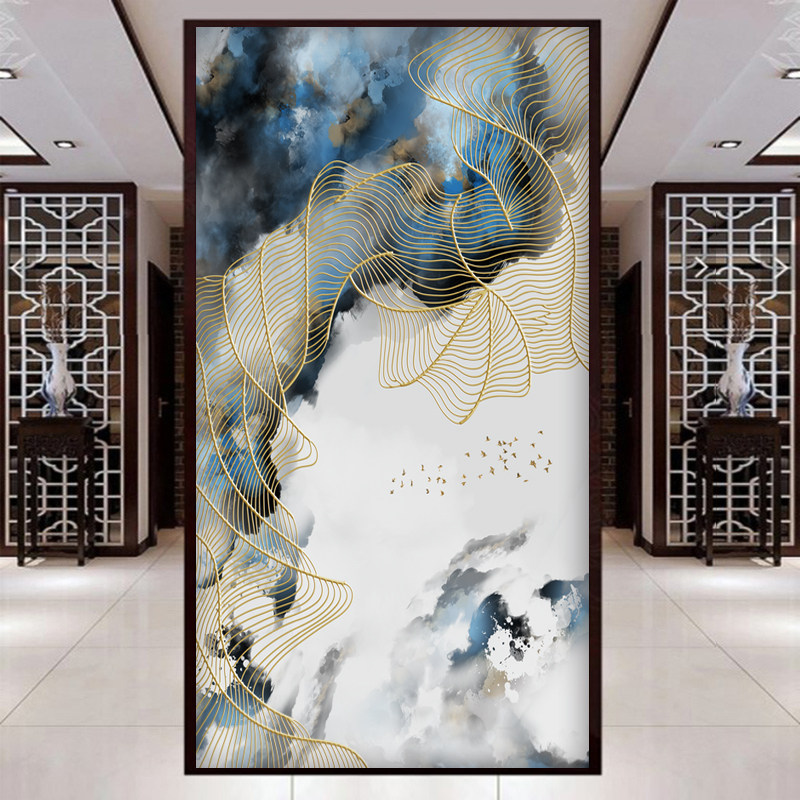 中式意境山水墙纸抽象线条玄关墙布壁画现代轻奢客厅过道背景墙纸