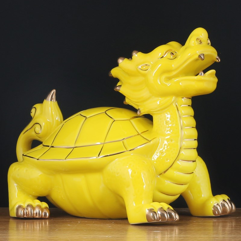 黄色陶瓷龙龟摆件风水镇宅神兽招财龙龟家居装饰办公工艺礼品摆设