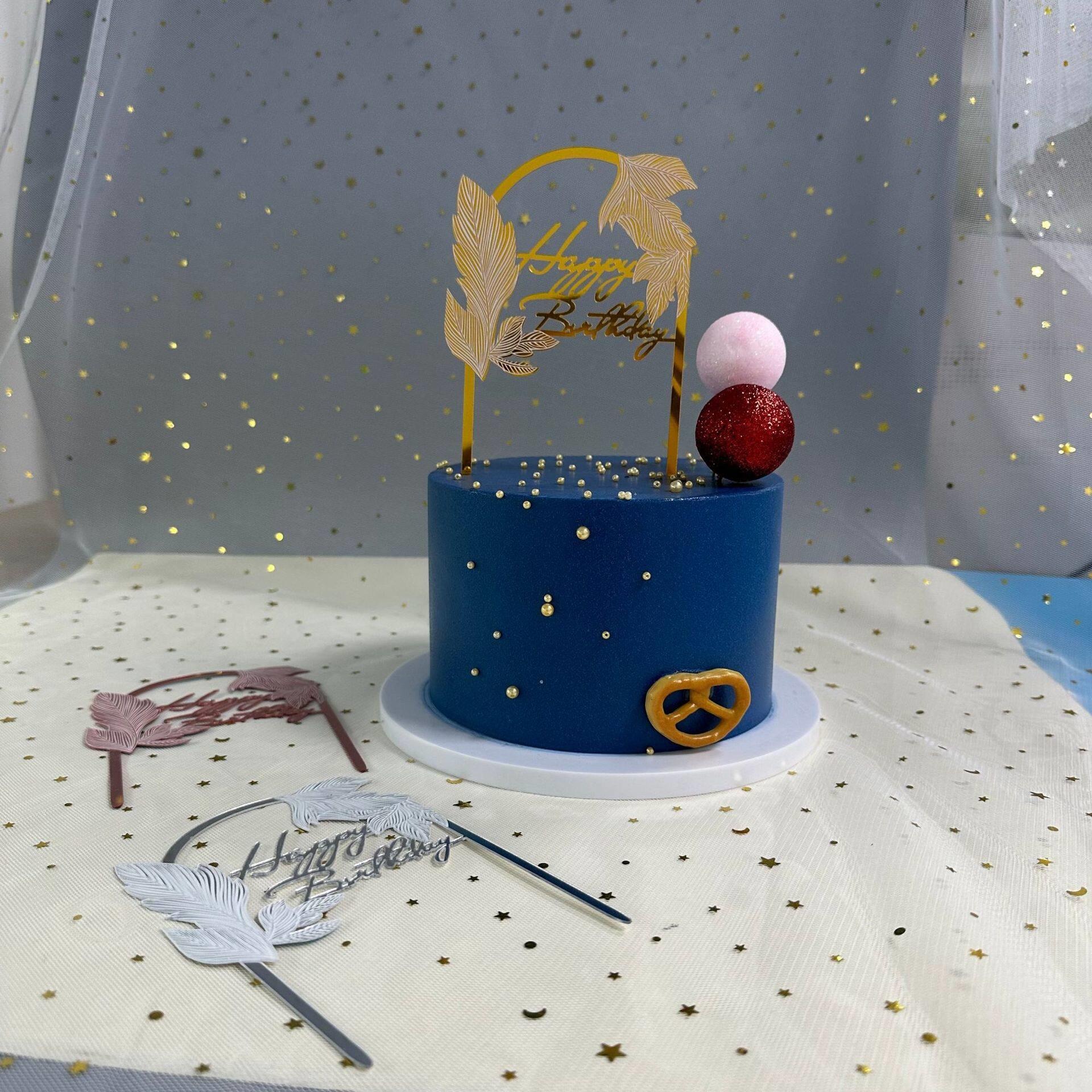 跨境亚克力激光打标树叶拱门款生日蛋糕插件亚克力蛋糕装饰插牌厂