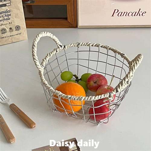ins北欧桌面铁艺杂物收纳篮手提编织筐篮子零食面 面包陈列篮水果