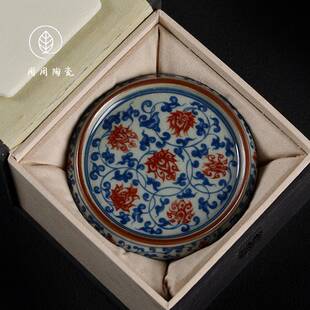 景德镇老陶泥青花缠枝莲釉里红盖置杯垫家用壶承紫砂壶盖托茶道