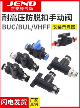 气动开关阀4气管8快插BUC/BC直通10接头BUL/BL手阀12手动阀门HVFF