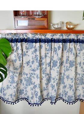 蓝色法式棉麻小碎花短门帘小窗帘遮丑帘魔术贴免打孔咖啡帘厨房帘