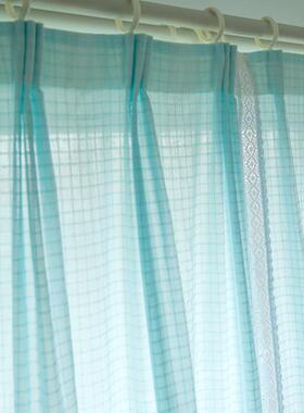 出口法式天然纯棉布窗帘地中海粉蓝色格子客厅日式环保儿童房纱帘