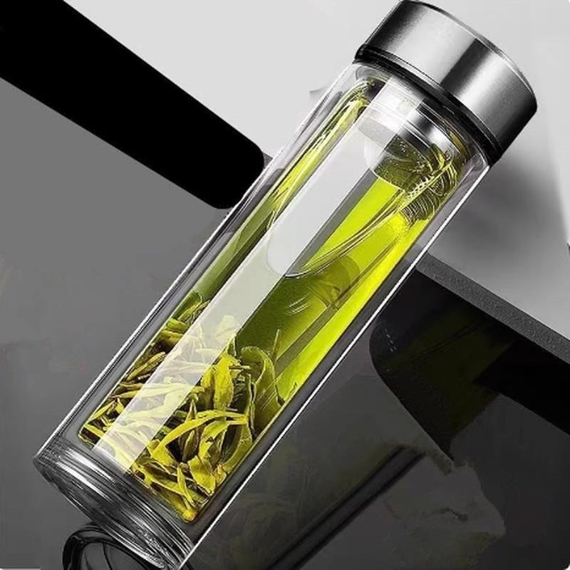 摔不烂钢化玻璃杯500ml耐摔高温硼硅双层玻璃杯保护套男士茶杯