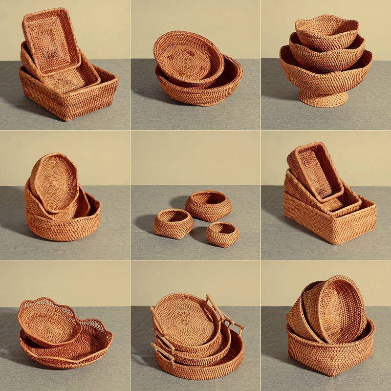 热销越南藤编果盘收纳筐家用干果零食水果筐竹编篮子馒头筐纯手工