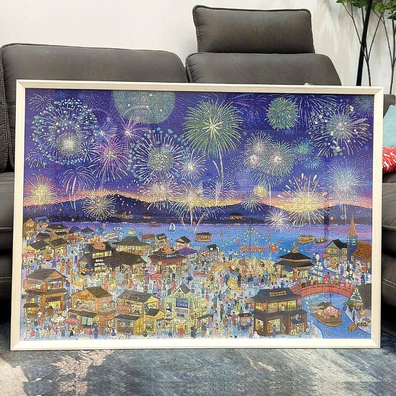 拼图框实木相框烟花夜游安装2000件96*68cm特殊框相框壁挂定制