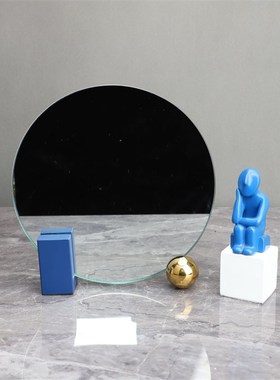 新中式金b属蓝脚镜子样板房售楼部卧室餐厅厨房客厅桌面家居摆件