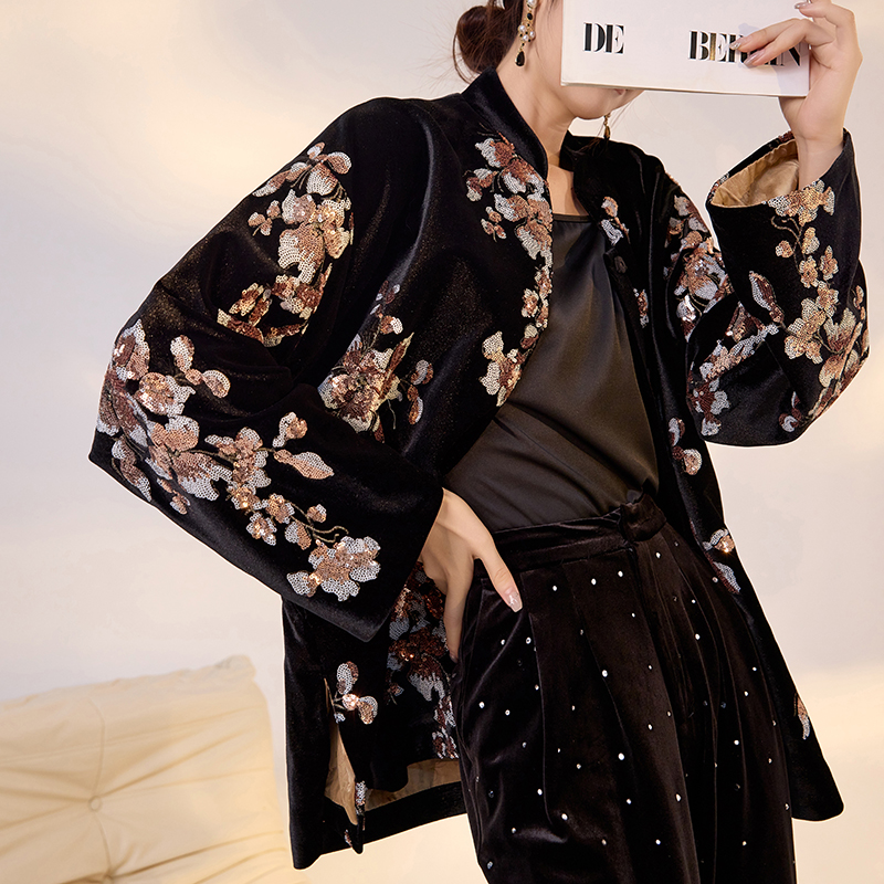 新中式国风重工亮片气质丝绒外套
