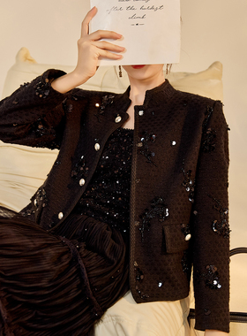 中式国风轻奢时尚短外套黑色小香风上衣蕾丝刺绣半裙套装  N8081B