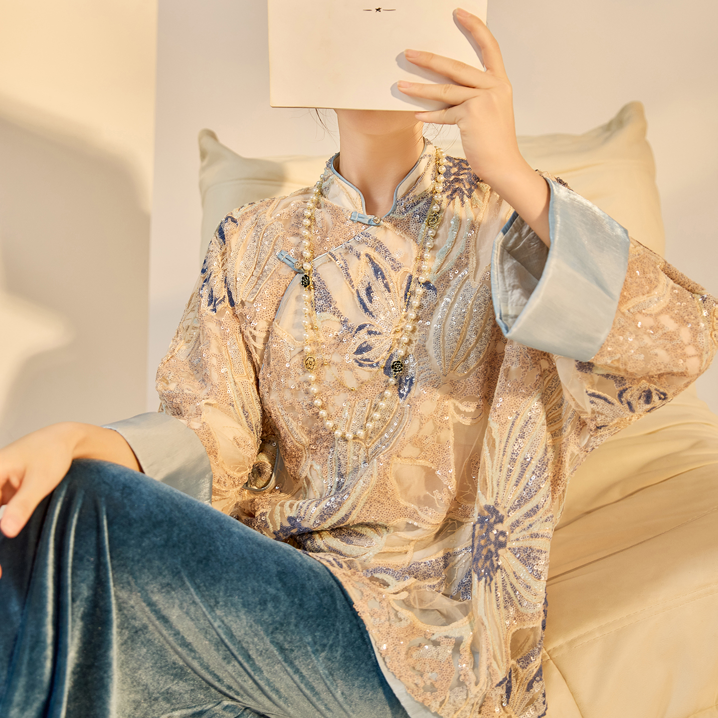 新中式国风长袖高定珠片绣花衬衫
