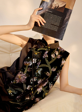 新中式国风版重工亮片斜襟设计背心女高级轻奢显瘦马甲上衣 M6014