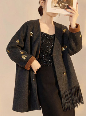 新中式高端毛呢流苏设计外套女轻奢简约双面呢羊毛气质大衣 NZ051