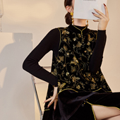 立领马甲国风开叉丝绒半裙套装 新中式 重工黑金蝴蝶刺绣无袖 NX063