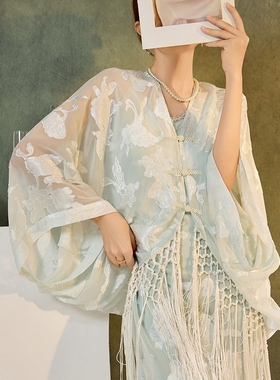 新中式国风高端时尚气质开衫宽松外套仙气吊带连衣裙套装女 N3112