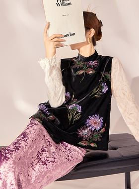 弥蝶轻国风新款贵气复古亮片紫金花背心新中式气质百搭马甲 N1014