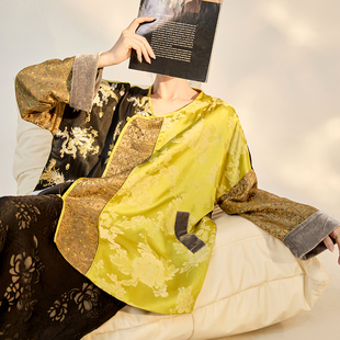 新中式 M6035 高级感国风刺绣拼接轻奢气质提花圆领宽松人丝上衣女