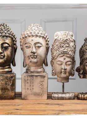 创意新中式禅意佛头摆件泰式玄关电视柜办公室SPA会所刺青装饰品