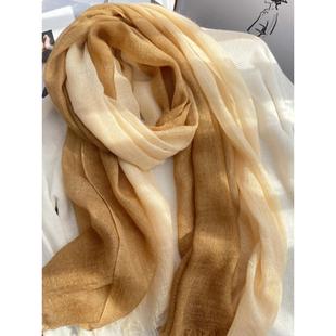 文艺墨绿渐变色围巾女春秋款优雅长款棉麻纱巾秋冬季保暖毛边休闲