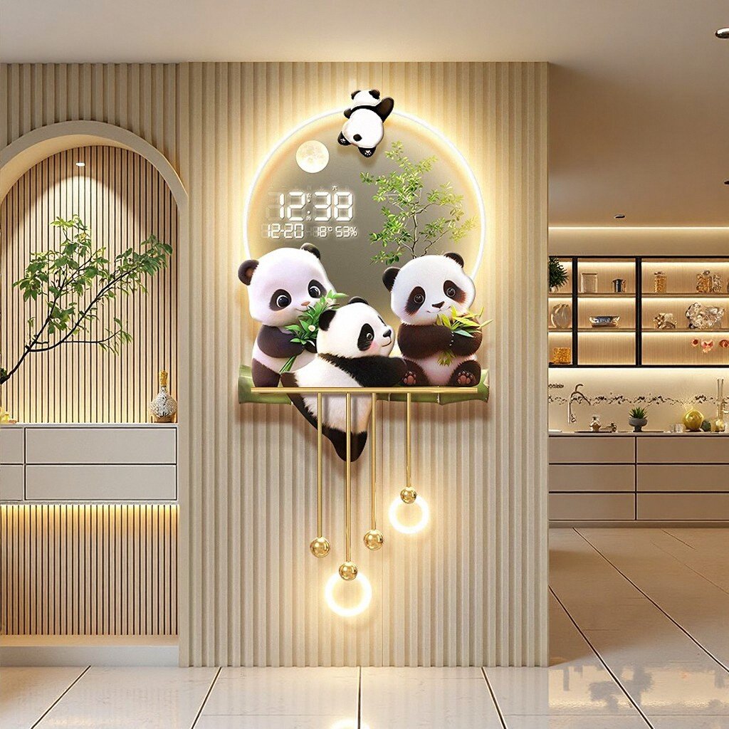 卡通熊猫钟表玄关装饰画高级感客厅数显灯画温度走廊过道创意壁灯