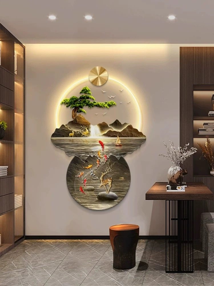 迎客松入户玄关装饰画带灯九鱼山水画走廊过道灯画高级感壁灯挂画