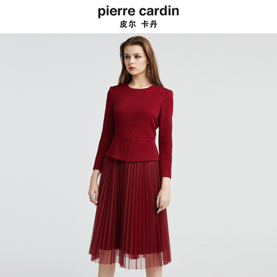 【皮尔卡丹女装】 经典拼接礼服裙 假两件百褶纱裙【专柜正品】