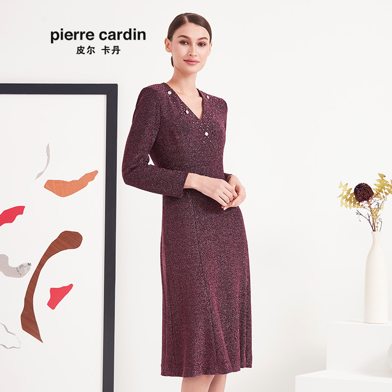 皮尔卡丹秋季长袖紫红色连衣裙