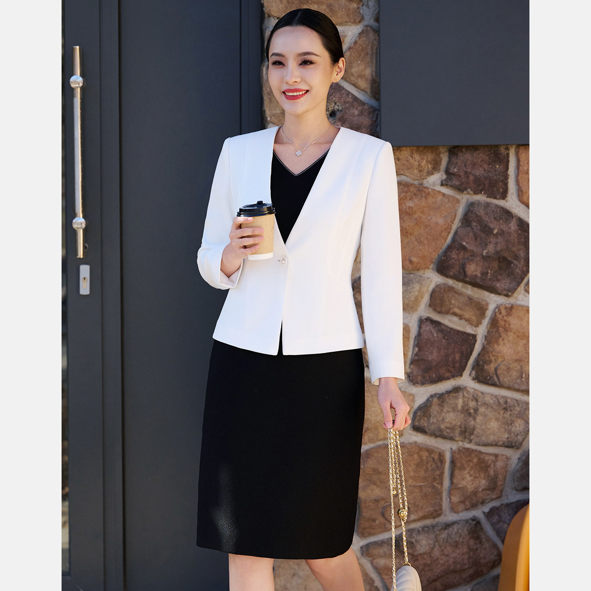 商场同款皮尔卡丹女装春白色长袖一粒扣西服外套女P51034U5031W0