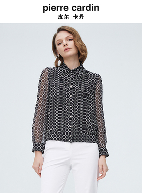 皮尔卡丹女装黑色雪纺花布碎花法式优雅透气薄衬衫P4244B4027B3