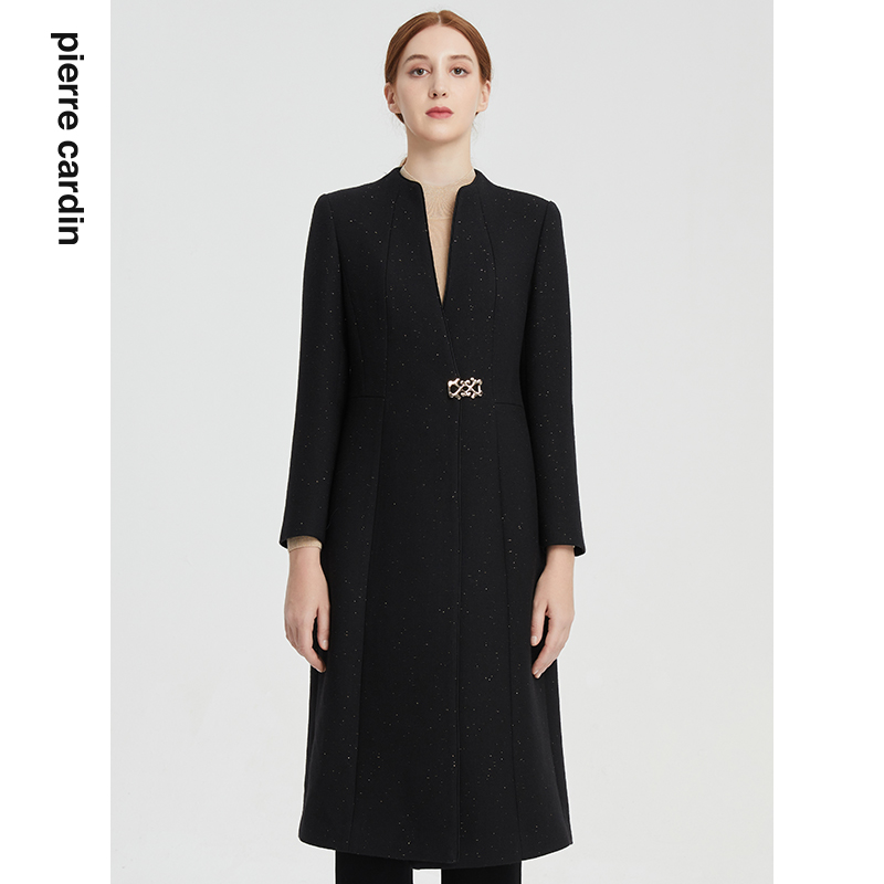 皮尔卡丹女装V领中长款通勤风衣