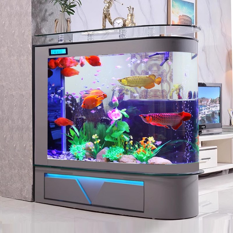 新款屏风鱼缸客厅落地子弹头隔断带柜玄关中大型玻璃金鱼缸水族箱