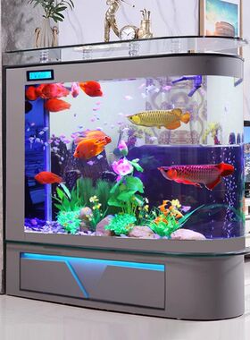 新款屏风鱼缸客厅落地子弹头隔断带柜玄关中大型玻璃金鱼缸水族箱