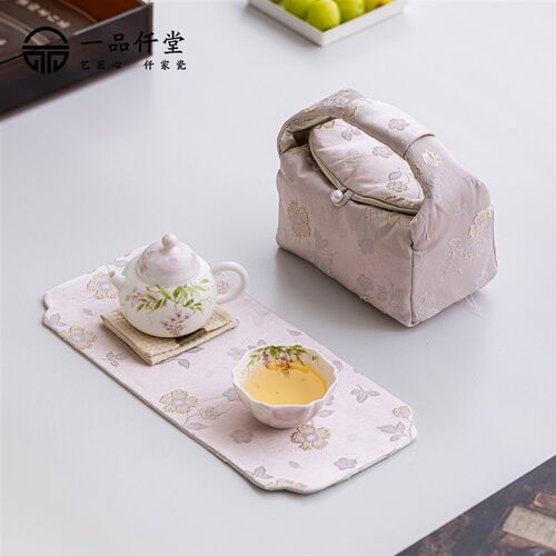 手绘紫藤花旅行茶具套装户外泡茶具便携女士小型露营茶具布包收纳