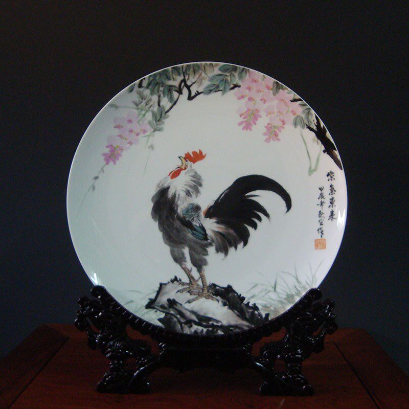 景德镇陶瓷器名家秋生手绘生肖鸡艺术品瓷盘装饰画盘挂盘瓷盘摆件