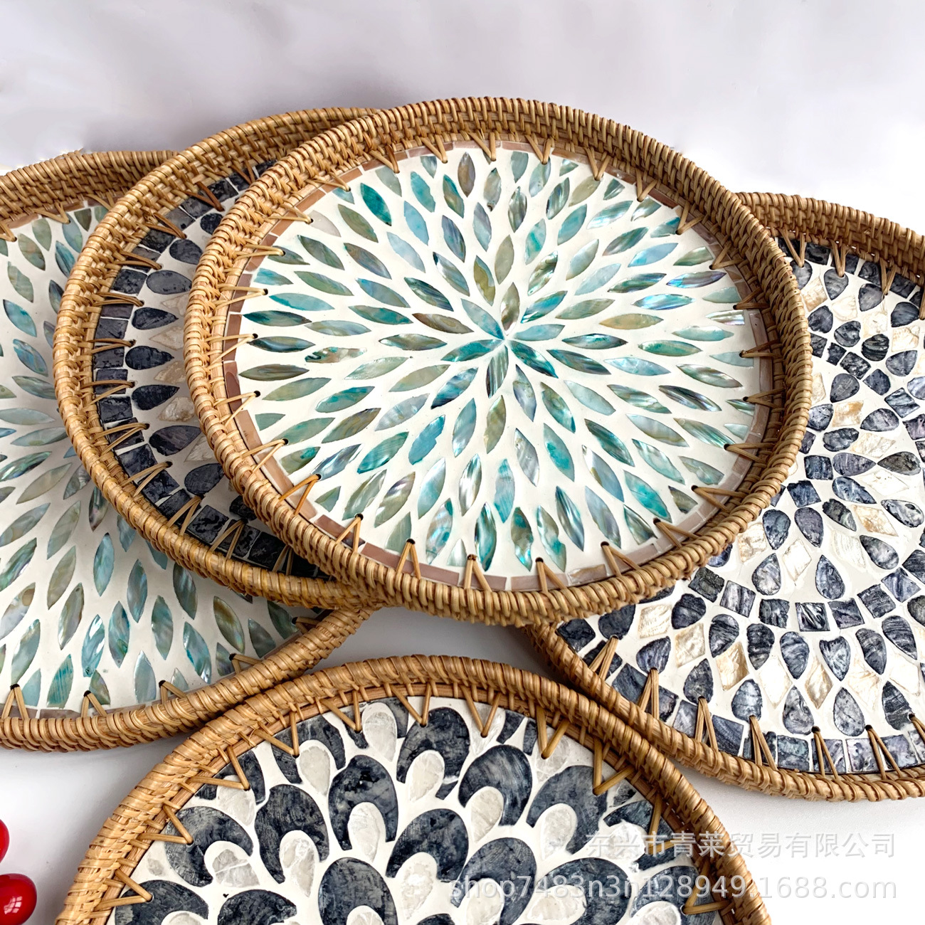 藤编手工贝壳托盘北欧创意彩贝壳