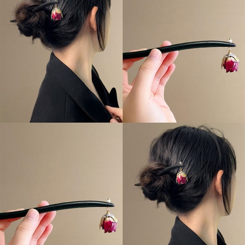 荒野玫瑰~超仙玫瑰发簪女2023新款木质J发钗新中式国风簪子头饰潮
