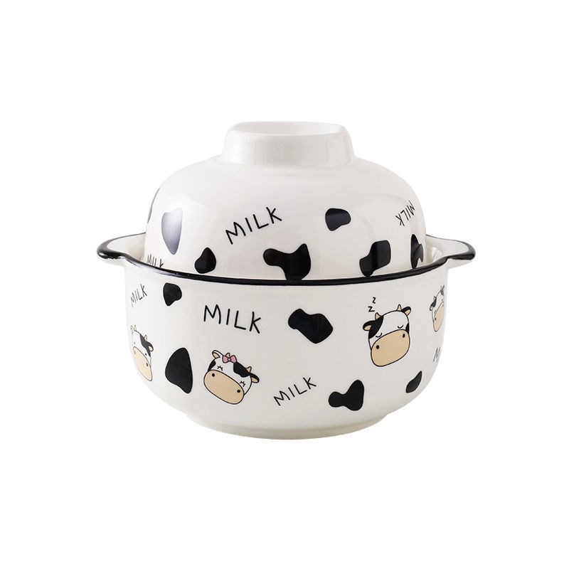 韩式学生饭堂卡通陶瓷个性创意家用饭碗带盖送筷子U勺子套装泡面