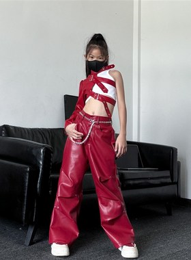 潮酷女童皮罩衣i皮裤套装少儿红色新年元旦女团爵士舞表演出服童